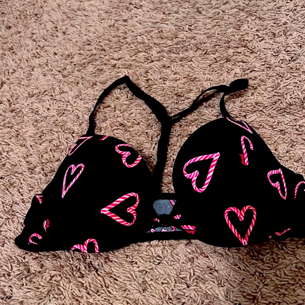 PINK Victoria Secret Christmas Black Candy Cane print bra-clips in front